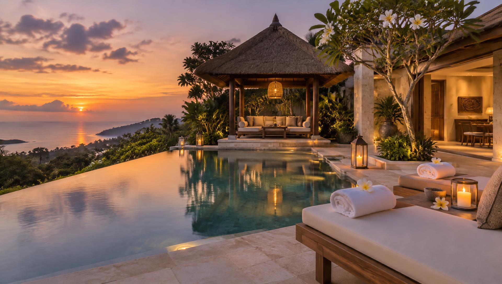Luxury Bali villa pool pavilion at sunset