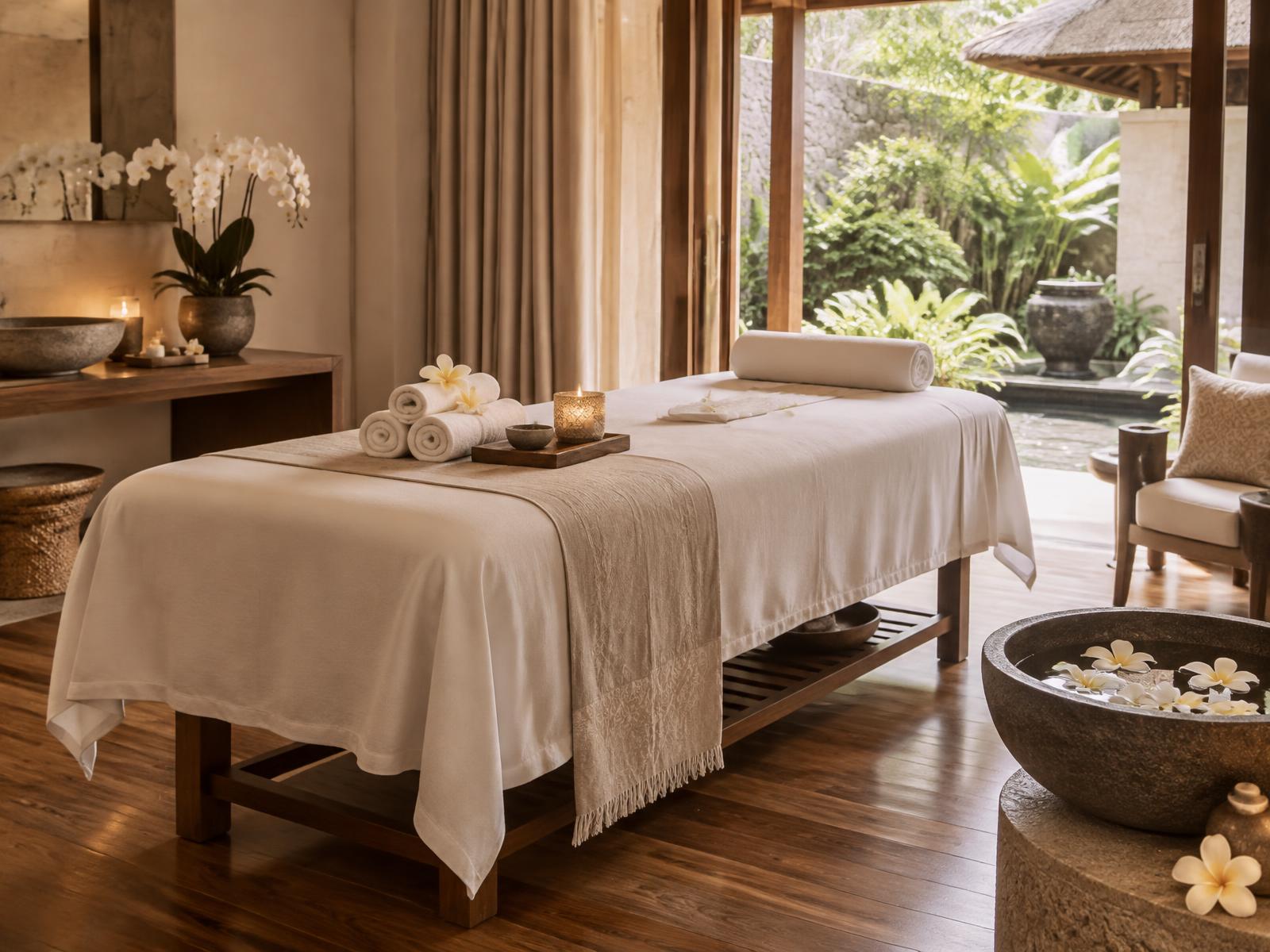 Massage table dressed in white linen inside a serene Bali villa spa setting